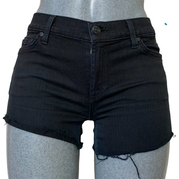 7 For All Mankind Fringe Shorts 'The Skinny' Womens Jeans Tag 28 Black Denim - Picture 1 of 12